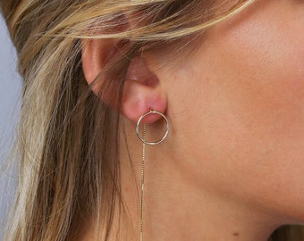 Circle Threader Earrings, Long Dangle Earrings, Dainty Everyday Earring, Gold Threader Earrings, Sterling Silver, by LEILAJewelryshop, E202