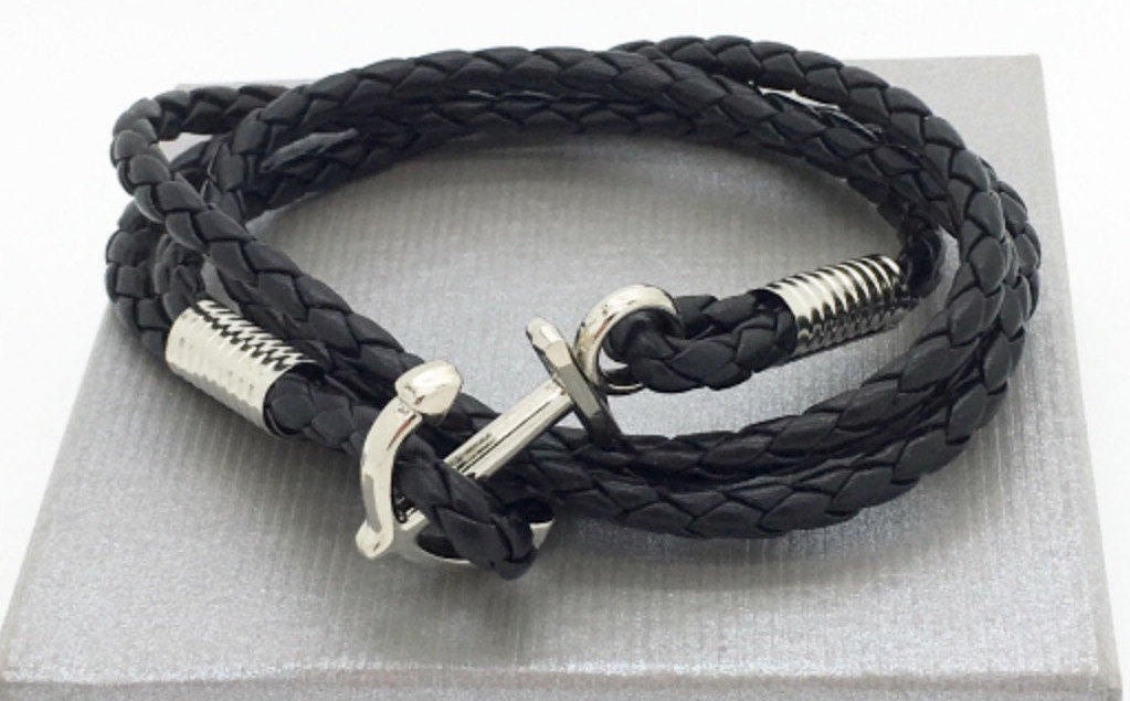 Mens anchor bracelet Navy on braided leather