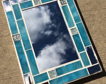 Stained Glass Mosaic Mirror Beachy Blue, Small Mosaic Mirror, Beach Decor, Spring Decor, Bathroom Mirror, Christmas in July