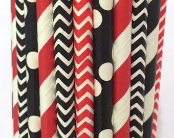 2.85 US Shipping -Atlanta Falcons Paper Straws - Red, Black and White Stripe - Cake Pop Sticks - Drinking Straws