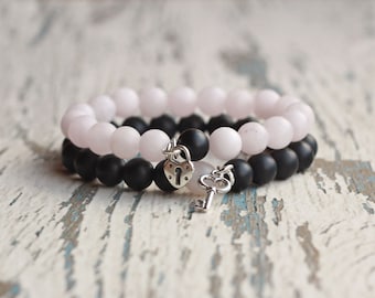 boyfriend girlfriend couple bracelet His Hers anniversary gift wedding couple matching black pink bracelets key lock love long distance wife