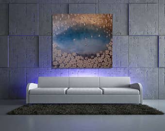 Turquoise Wall art deco tree painting abstract oil painting. Metallic modern artwork, Extra large painting on canvas, house decor