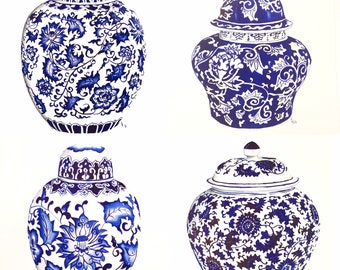 Ready to hang set of blue and white ginger jar art prints.