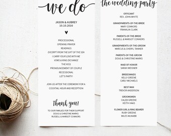 Printable wedding ceremony program, instant download, editable text PDF, customizable wedding program
