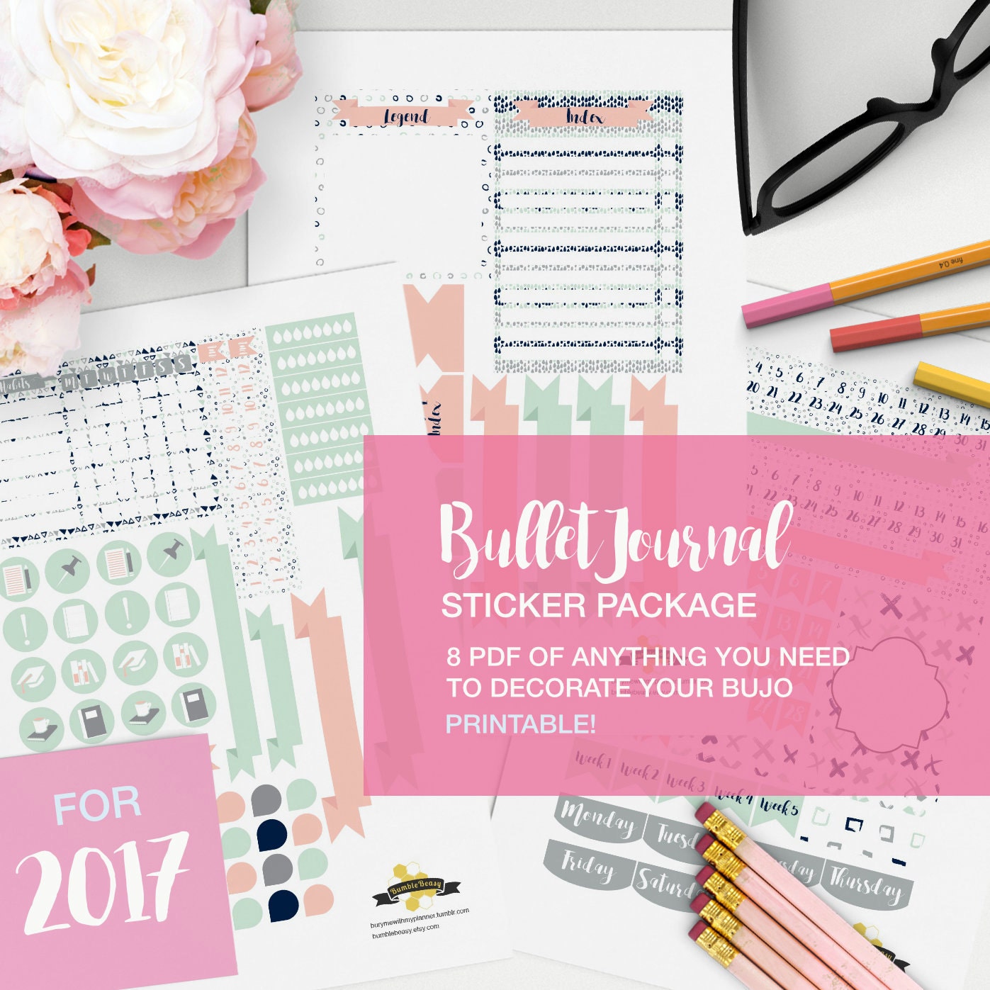 bullet journal pdf stickers package v08 pink and mint