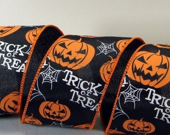 2.5 inch Wired Halloween Ribbon ~ Black Ribbon, Pumpkins, Spider Webs & Trick or Treat ~ Halloween Decor Ribbon ~ 3 Yards