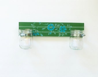 Green Mason Jar Candle Holder, Wood Candle Holder, Mason Jar Wall Decor, Mason Jar Candles, Rustic Candle Holder, Bathroom Organizer