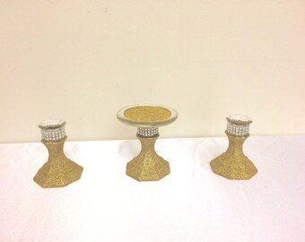 Gold Unity Candle Holder Set, Rhinestone Unity Candle Holder, Glitter Candle Holder, Wedding Candle, Gold Wedding Theme, Royal Wedding