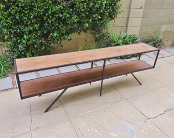 Mid Century Modern Long Black Metal Credenza Walnut Veneer Shelves, Record Player Stand, Custom Made Shelf, Minimalist Bookshelf Made in USA