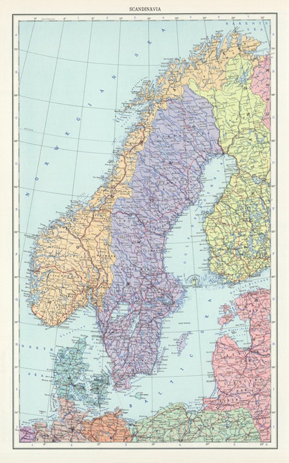 Scandinavia Map printable digital download.Antique Map of