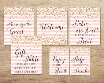 Pink and Gold Baby Shower Signs, Printable Decorations, Baby Sprinkle Decor, Blush Gold Confetti Sign, Girl, Welcome, GP Instant Download