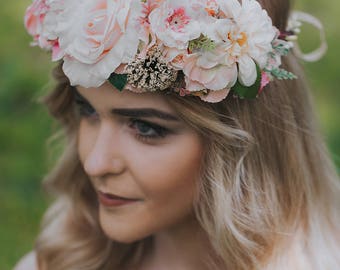 Unique flower crown Summer flower crown Wedding floral crown Rose flower crown Flower head wreath Peach floral crown Boho floral crown