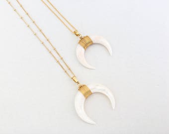 Gold White Abalone Shell Horn Necklace - Small or Large Horn, Choker, Half Moon, Jewelry, Dogeared Layering, Crescent, Double Delicate, Gift