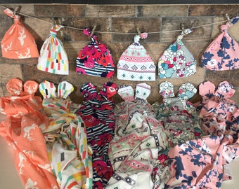 Baby Gift Set - Swaddle Blanket - Knot Hat - No Scratch Mits - Girl