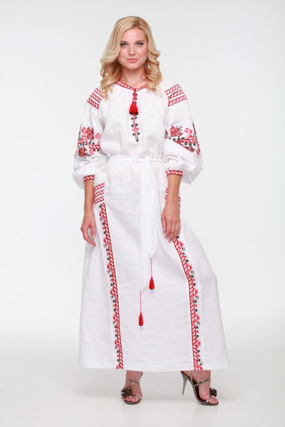 Embroidered Long Boho Dress white for women. Ukrainian