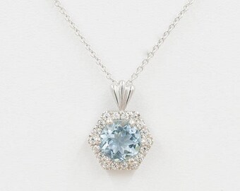 Aquamarine Diamond Necklace.7mm AAA Natural Aquamarine & 0.16 High Quality Diamonds.14k White Gold Hexagon Necklace.Simple Dainty Pendant.