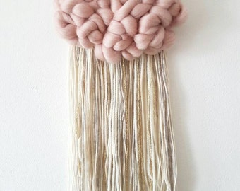 Woven wall hanging, Fluffy cloud in dusty pink, with a lovely fringe ivory grey and a touch of gold
