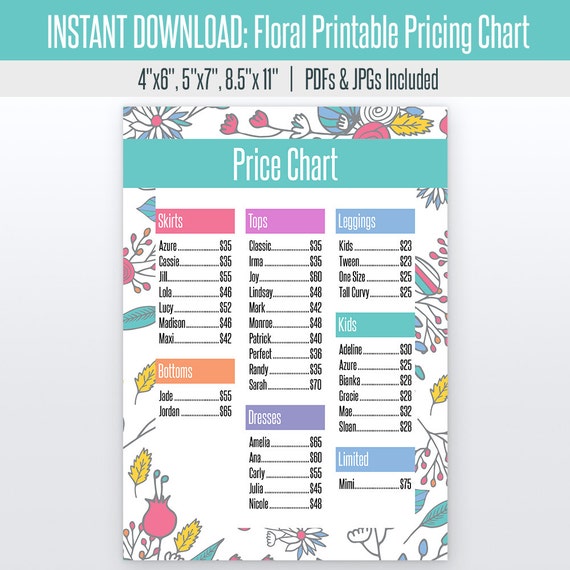 Floral Printable Price Chart 4x6 5x7 8.5x11 Printable