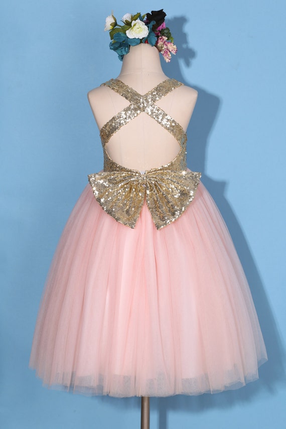 Flower girl dress/Gold pink flower girl dress/gold sequin