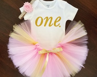 Baby Girl 1st Birthday Outfit - Pink and Gold Tutu
