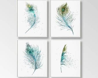 Set of 4 Feathers, Digital Feathers, Feather Prints, Printable Feathers, DIY Wall Art, Large Wall Art, Turquoise Blue, Watercolor Art