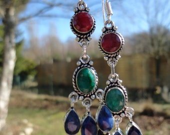 "Sultana", rubies, emeralds and sapphires earrings