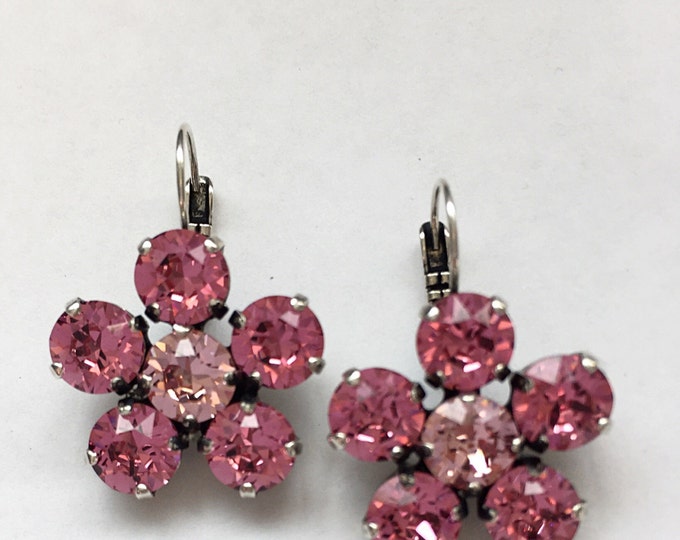 Shimmering flower rose pink Swarovski crystals dangle drop earrings. Valentines gift! Bridesmaids gift!