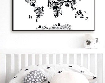 Animal World Map Print, Monochrome Nursery World Map, Oh The Places You'll Go, Kids World Map Poster, Black White Scandinavian Nursery Decor