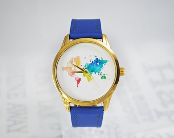 World Map Watch World Map Continents Watch Traveler Gift Cute Watch Cute Gift Watercolor Women Watches Wrist Watch Blue Leather Watch Strap