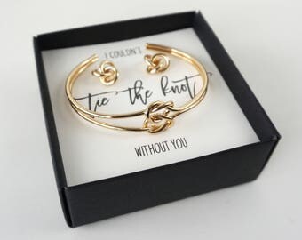 Knot Gift Bridesmaid , Knot Earrings Bridesmaid , Gold Knot Bridesmaid , Double Love Knot Bangle & Earrings Bridesmaid Proposal Gift Set