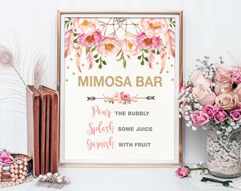 Pink and Gold MIMOSA BAR Printable Sign. Floral Bridal Shower Sign. Dreamcatcher Rustic Flower Bridal Shower Decoration. Shower Decor FLO12A