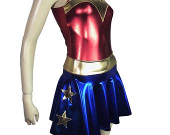 Metallic Wonder Woman Costume - Mini Skater Skirt and Metallic Red Bodysuit outift - Clubwear, Rave Wear, Mini Circle Skirt