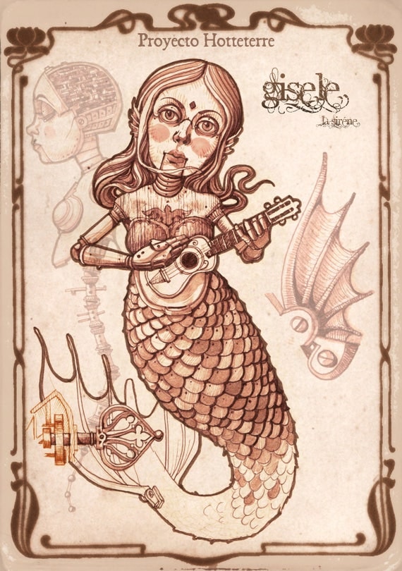 GISELE LA SIRÉNE, Steampunk, Puppet, Mermaid, Steampunk mermaid, Mithology, Myth, Automaton, Steampunk decor, Steampunk art print by francescgrimalt steampunk buy now online