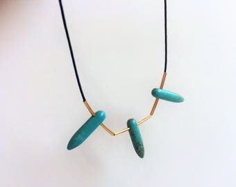 Geometric necklace golden tubes and turquoise
