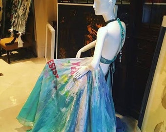 Rich Girl on Vacation Hand Painted Long Dress Mix Collors,One of a kind.