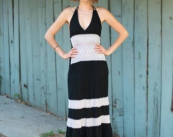 70s Boho Black Maxi Dress- Backless Halter Extra Small XS S