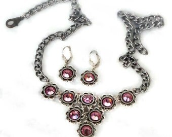 Swarovski crystal light rose strass vintage style two piece set earrings and necklace,antique silver flower setting