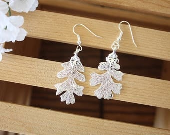 Silver Leaf Earrings, Oak Leaf, Real Leaf Earrings, Small Real Leaf Earrings, Lacey Oak, Sterling Silver, Nature, LESM179