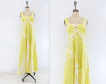 Yellow Maxi Dress 70s Hawaiian Dress Yellow Sun Dress Boho Maxi Dress 70s Summer Dress Laced Maxi Dress Vintage Tank Dress m