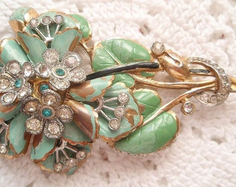 Vintage Art Deco Pin Green Enamel Clear Rhinestones 1930's Stylized Floral Spray Brooch Summer Flowers Costume Jewelry