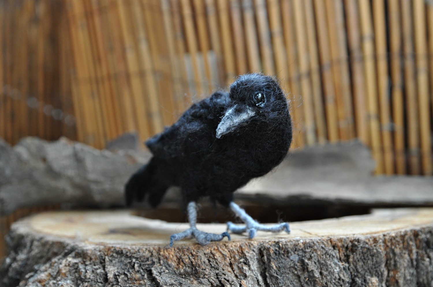 Needle Felted bird. Black crow.