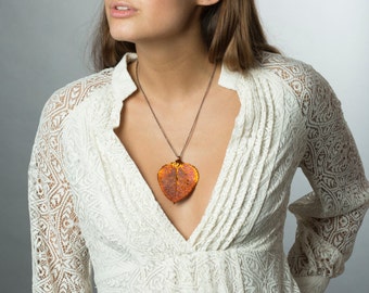 Long Copper Leaf Necklace, Aspen Leaf Pendant Leaves, Pendant Heart Necklace, Organic Leaf Necklace, Autumn Orange Jewelry Gift for Mothers