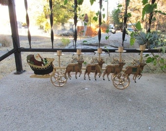 Heavy Large 25" Cast Metal SANTA'S SLEIGH w/Wheels & Reindeer 5 Place Taper Candle Holder ~ Beautiful Holiday Centerpiece ~ Christmas Decor