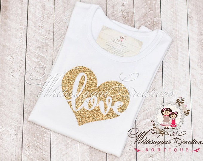 Girls Gold Glitter Heart Shirt, Glitter Heart Shirt, Gold Heart Shirt, Baby Valentines Outfit