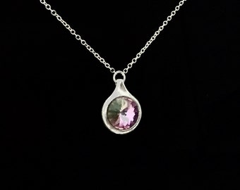 Swarovskil Pink green Crystal Necklace Silver Necklace Pink Green Pendant Necklace Pink Green Crystal Necklace CLEARANCE