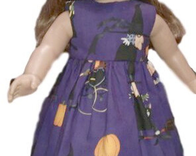 sleeveless purple doll dress witches and pumpkins print - fits 18"