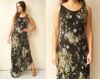 90's Does 30's Vintage Chiffon Floral & Beaded Fishtail Maxi Party Dress Size Small