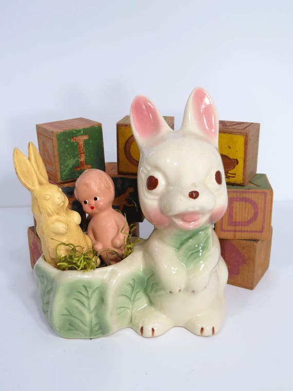 Items similar to Vintage Bunny Rabbit Planter, Spring Novelty Animal ...