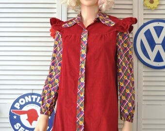 Vintage Micro-Mini 60's 70's Dress/Womens Teens Juniors/Corduroy & Cotton/Hippie Brady Smock Dress/Theater Costume Small-Med A-Line unusual
