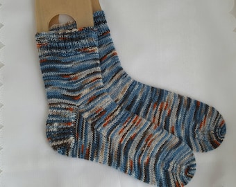 Mens Wool Socks - Hand Knitted Striped Socks -Womens Socks - Regia Wool - Handmade UK 8-10 US 9-11 - Mens Gift Idea - Blue Knitted Socks
